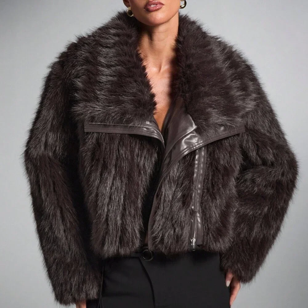 Brown Elegant Women's Oversized Patchwork Faux Fur Coat jacket - Picture 5 of 9